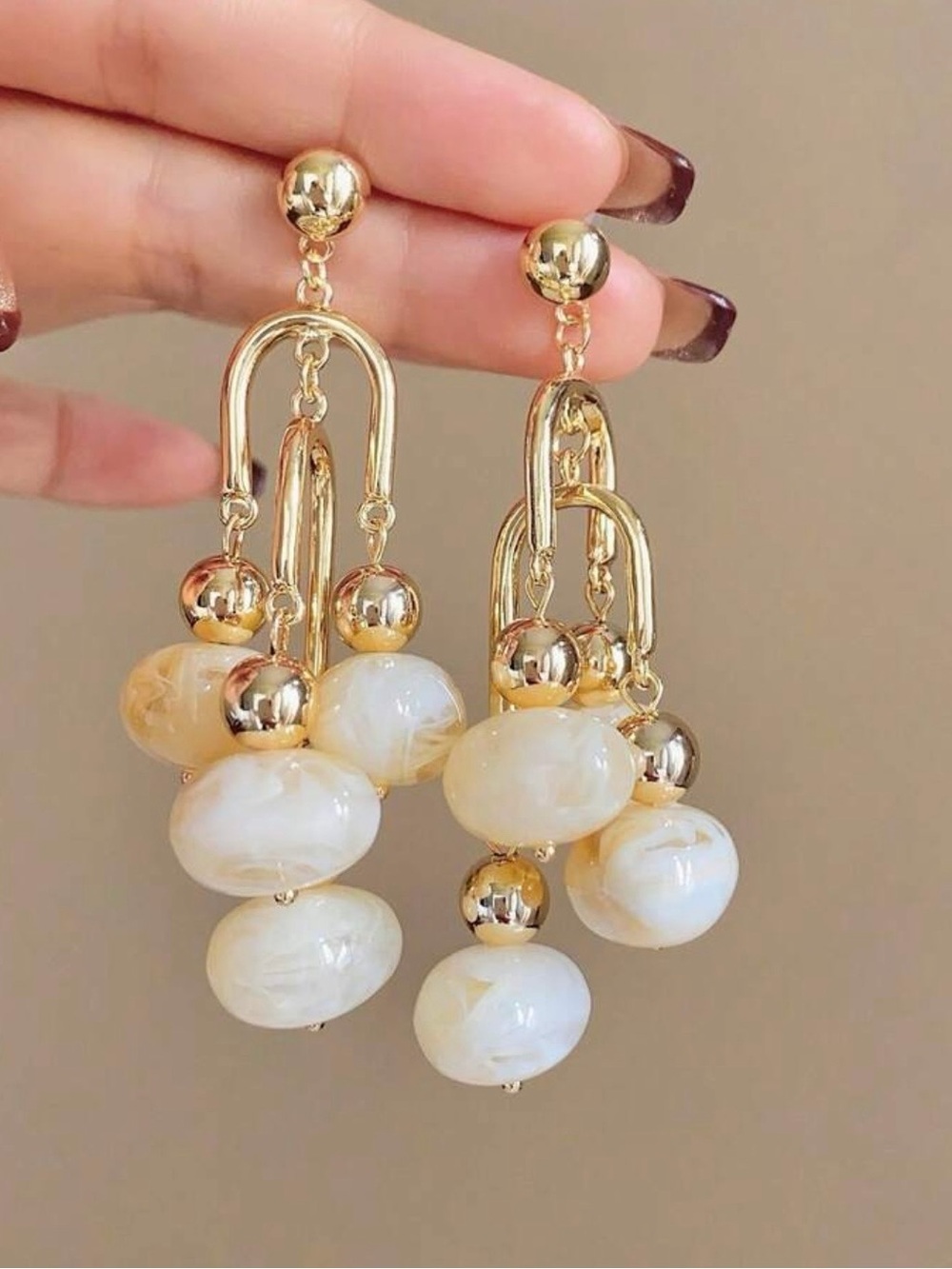 Gold and Cream Marble Bead Drop Earrings